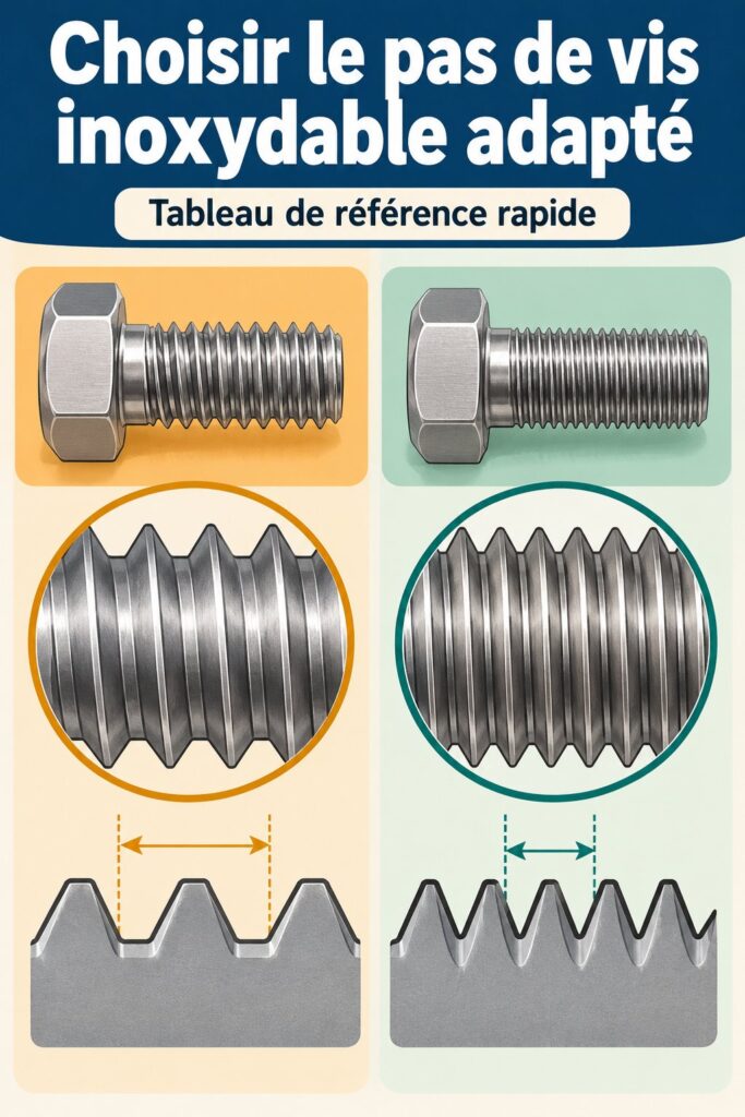 Image montrant différents types de pas de vis inox disponibles pour divers projets de bricolage.